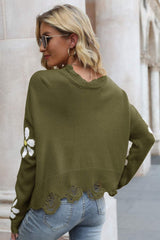 Flower Distressed Ribbed Trim Sweater - SHE BADDY© ONLINE WOMEN FASHION & CLOTHING STORE