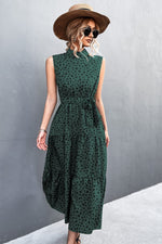 Printed Mock Neck Sleeveless Belted Tiered Dress - SHE BADDY© ONLINE WOMEN FASHION & CLOTHING STORE