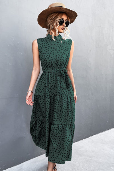 Printed Mock Neck Sleeveless Belted Tiered Dress - SHE BADDY© ONLINE WOMEN FASHION & CLOTHING STORE