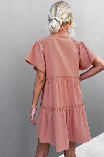 Frill Trim Smocked Tie Neck Dress - SHE BADDY© ONLINE WOMEN FASHION & CLOTHING STORE