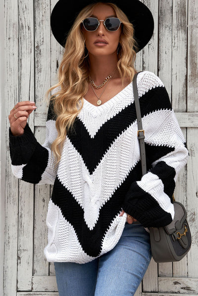 Chevron Cable-Knit V-Neck Tunic Sweater - SHE BADDY© ONLINE WOMEN FASHION & CLOTHING STORE