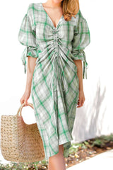 Plus Size Plaid Drawstring Detail Flounce Sleeve Dress - SHE BADDY© ONLINE WOMEN FASHION & CLOTHING STORE