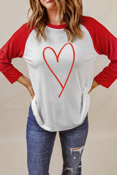 Contrast Baseball Sleeve Heart Graphic Top - SHE BADDY© ONLINE WOMEN FASHION & CLOTHING STORE