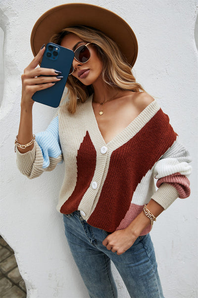 Contrast Button Front V-Neck Cardigan - SHE BADDY© ONLINE WOMEN FASHION & CLOTHING STORE