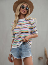 Striped Openwork Half Sleeve Knit Top - SHE BADDY© ONLINE WOMEN FASHION & CLOTHING STORE