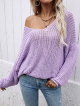 Rib-Knit Drop Shoulder V-Neck Pullover Sweater - SHE BADDY© ONLINE WOMEN FASHION & CLOTHING STORE