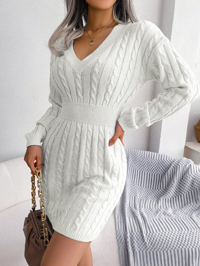 Cable-Knit V-Neck Mini Sweater Dress - SHE BADDY© ONLINE WOMEN FASHION & CLOTHING STORE