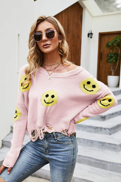 Smiley Face Distressed Round Neck Sweater - SHE BADDY© ONLINE WOMEN FASHION & CLOTHING STORE