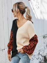 Leopard Color Block V-Neck Tunic Pullover Sweater - SHE BADDY© ONLINE WOMEN FASHION & CLOTHING STORE