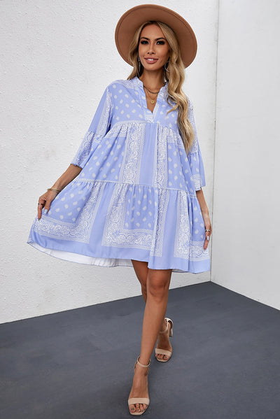 Paisley Three-Quarter Sleeve Mini Dress - SHE BADDY© ONLINE WOMEN FASHION & CLOTHING STORE