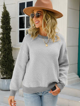 Chevron Ribbed Trim Dropped Shoulder Knit Pullover - SHE BADDY© ONLINE WOMEN FASHION & CLOTHING STORE