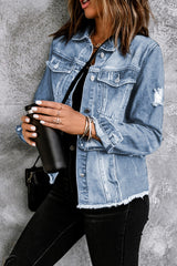 Distressed Raw Hem Denim Jacket - SHE BADDY© ONLINE WOMEN FASHION & CLOTHING STORE