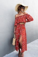 Floral Off-Shoulder Front Split Dress - SHE BADDY© ONLINE WOMEN FASHION & CLOTHING STORE