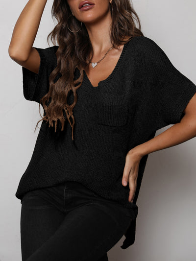 V-Neck Slit High-Low Knit Top - SHE BADDY© ONLINE WOMEN FASHION & CLOTHING STORE