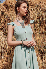 Decorative Button Ruffle Trim Smocked Maxi Dress - SHE BADDY© ONLINE WOMEN FASHION & CLOTHING STORE