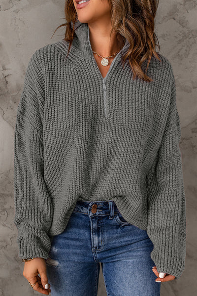 Half Zip Rib-Knit Dropped Shoulder Sweater - SHE BADDY© ONLINE WOMEN FASHION & CLOTHING STORE