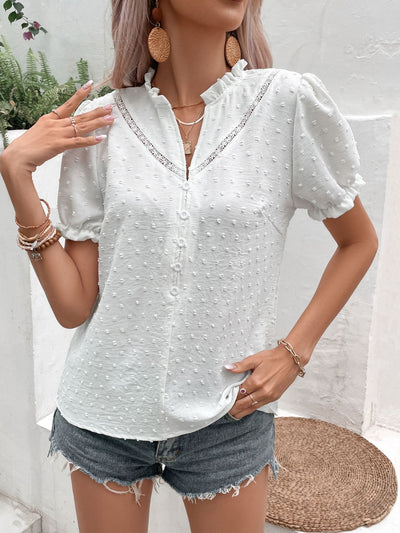 Swiss Dot Buttoned Puff Sleeve Blouse - SHE BADDY© ONLINE WOMEN FASHION & CLOTHING STORE