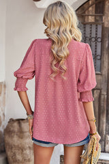 Textured Notched Neck Puff Sleeve Blouse - SHE BADDY© ONLINE WOMEN FASHION & CLOTHING STORE