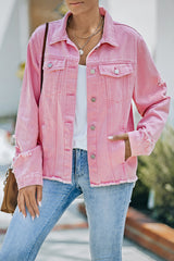 Distressed Raw Hem Denim Jacket - SHE BADDY© ONLINE WOMEN FASHION & CLOTHING STORE