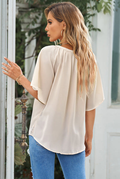 Gathered Detail Notched Neck Flutter Sleeve Top - SHE BADDY© ONLINE WOMEN FASHION & CLOTHING STORE