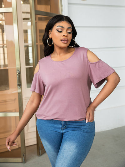 Plus Size Cold-Shoulder Round Neck Curved Hem Tee - SHE BADDY© ONLINE WOMEN FASHION & CLOTHING STORE