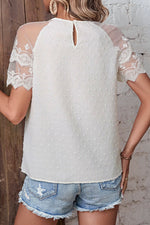 Swiss Dot Spliced Lace Round Neck Blouse - SHE BADDY© ONLINE WOMEN FASHION & CLOTHING STORE