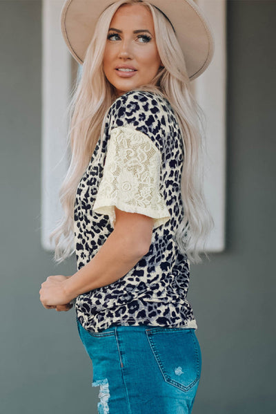 Leopard Print Lace Sleeve Round Neck Tee - SHE BADDY© ONLINE WOMEN FASHION & CLOTHING STORE