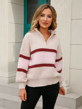 Striped Quarter-Zip Lantern Sleeve Sweater - SHE BADDY© ONLINE WOMEN FASHION & CLOTHING STORE