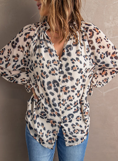 Leopard Button Down Ruched Flounce Sleeve Top - SHE BADDY© ONLINE WOMEN FASHION & CLOTHING STORE