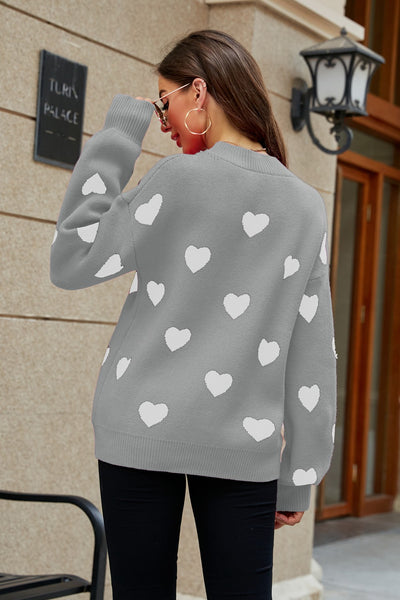 Heart Pattern Lantern Sleeve Round Neck Tunic Sweater - SHE BADDY© ONLINE WOMEN FASHION & CLOTHING STORE