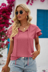 Swiss Dot Tie-Neck Flutter Sleeve Blouse - SHE BADDY© ONLINE WOMEN FASHION & CLOTHING STORE