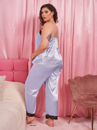 Plus Size Vertical Stripe Lace Trim Cami and Pants Pajama Set - SHE BADDY© ONLINE WOMEN FASHION & CLOTHING STORE