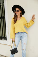 Drop Shoulder V-Neck Knit Pullover - SHE BADDY© ONLINE WOMEN FASHION & CLOTHING STORE