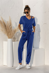 Cut Out V-neck Drawstring Jumpsuit - SHE BADDY© ONLINE WOMEN FASHION & CLOTHING STORE