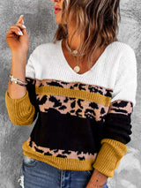 Leopard Color Block V-Neck Rib-Knit Sweater - SHE BADDY© ONLINE WOMEN FASHION & CLOTHING STORE