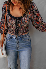 Printed Buttoned Balloon Sleeve Cropped Blouse - SHE BADDY© ONLINE WOMEN FASHION & CLOTHING STORE