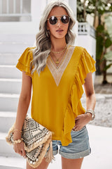 Contrast Ruffle Trim Flutter Sleeve Blouse - SHE BADDY© ONLINE WOMEN FASHION & CLOTHING STORE