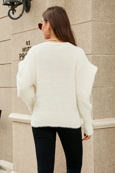 Puff Sleeve V-Neck Fuzzy Cardigan - SHE BADDY© ONLINE WOMEN FASHION & CLOTHING STORE