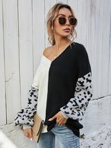 Leopard Color Block V-Neck Tunic Pullover Sweater - SHE BADDY© ONLINE WOMEN FASHION & CLOTHING STORE