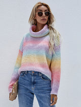 Rainbow Rib-Knit Turtleneck Drop Shoulder Sweater - SHE BADDY© ONLINE WOMEN FASHION & CLOTHING STORE