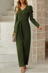 Belted Long Puff Sleeve V-Neck Jumpsuit - SHE BADDY© ONLINE WOMEN FASHION & CLOTHING STORE