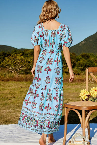 Floral Ruched Puff Sleeve Tiered Maxi Dress - SHE BADDY© ONLINE WOMEN FASHION & CLOTHING STORE