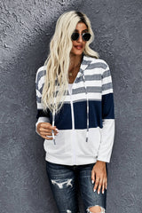 Striped Color Block Drawstring Zip Up Hoodie - SHE BADDY© ONLINE WOMEN FASHION & CLOTHING STORE