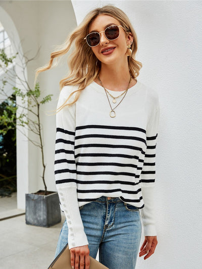 Striped Decorative Button Knit Top - SHE BADDY© ONLINE WOMEN FASHION & CLOTHING STORE