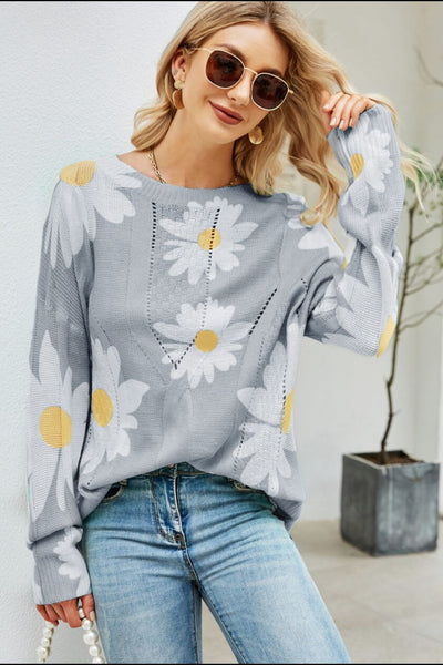 Daisy Print Openwork Round Neck Sweater - SHE BADDY© ONLINE WOMEN FASHION & CLOTHING STORE