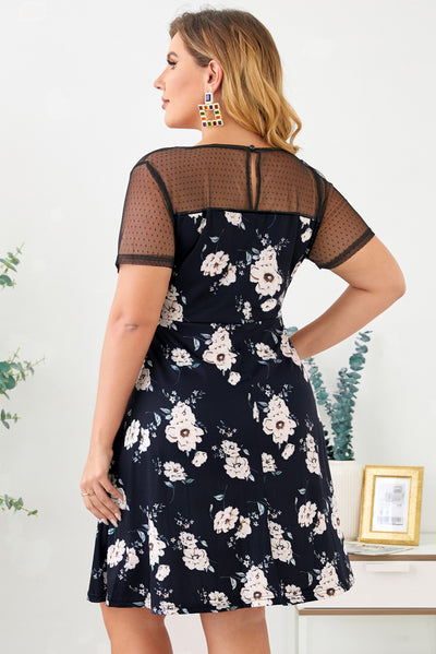 Plus Size Floral Polka Dot Mesh Yoke Dress - SHE BADDY© ONLINE WOMEN FASHION & CLOTHING STORE