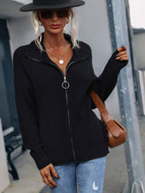 Rib-Knit Zip Up Collared Cardigan - SHE BADDY© ONLINE WOMEN FASHION & CLOTHING STORE