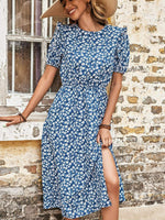 Floral Round Neck Split Midi Dress - SHE BADDY© ONLINE WOMEN FASHION & CLOTHING STORE