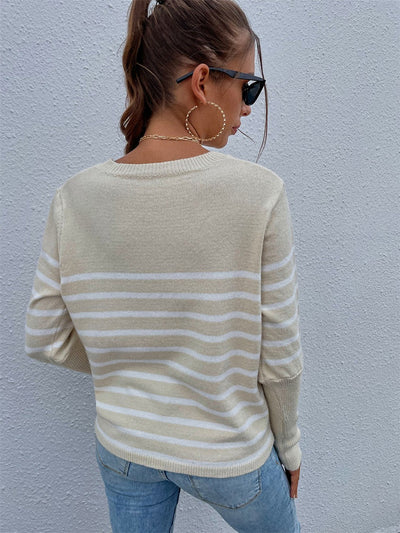 Striped Decorative Button Knit Top - SHE BADDY© ONLINE WOMEN FASHION & CLOTHING STORE