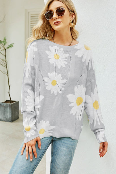 Daisy Print Openwork Round Neck Sweater - SHE BADDY© ONLINE WOMEN FASHION & CLOTHING STORE